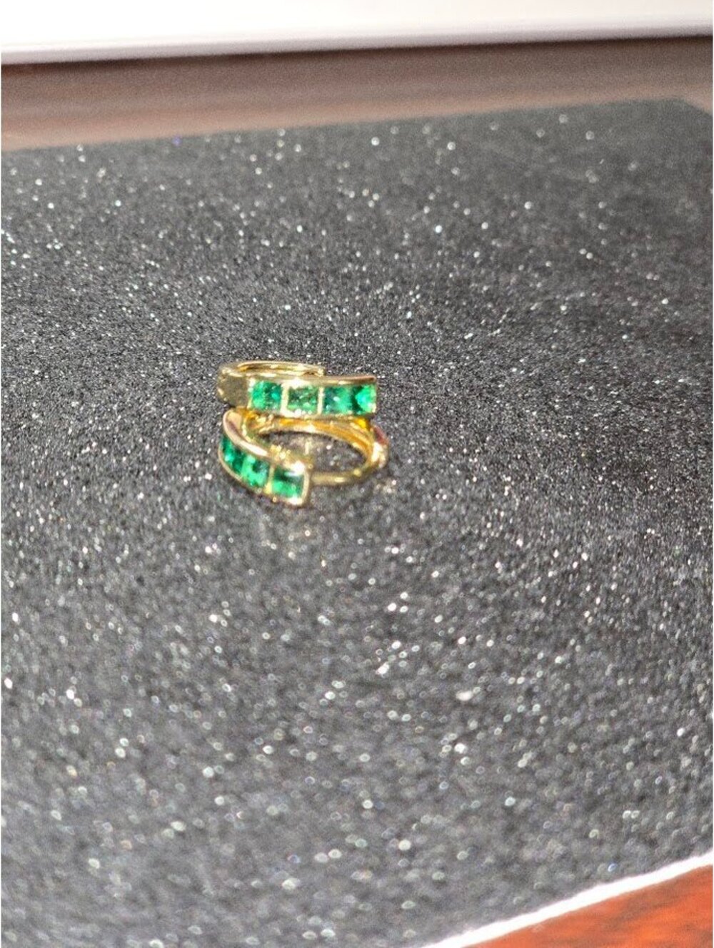 Gold Tone Huggie Hoop Earrings with Green Square Gemstones